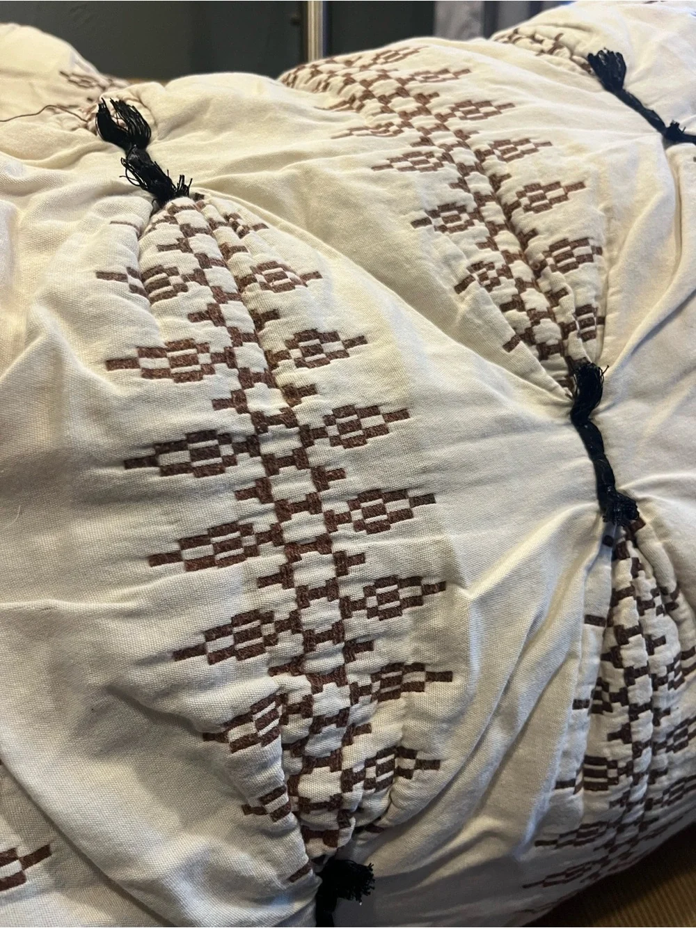 Anthropologie Cream Tufted Embroidered Comforter with Black Tassels